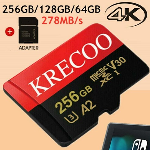 KRECOO 256GB 128GB 64GB 4GB 마이크로 메모리 SD 카드 a1 고속 4k c10 고속 플래시 메모리 TF 카드(어댑터 포함), 4