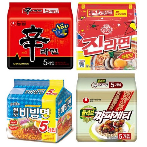 오뚜기 농심 팔도 봉지라면 4종 세트 (신라면5P + 진라면매운맛5P + 짜파게티5P+ 팔도비빔면5P), 1세트