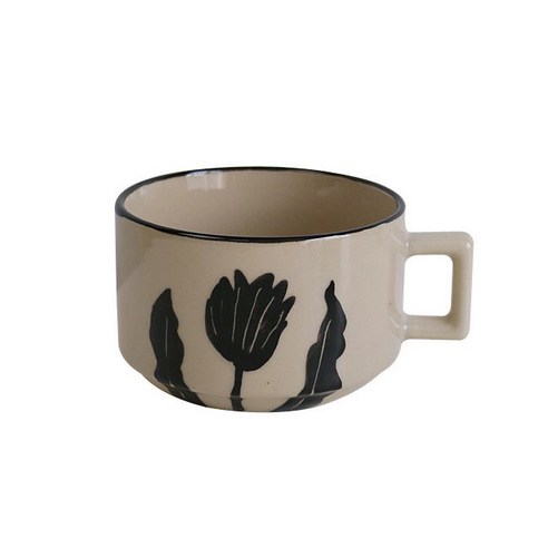 【커피잔】복고풍 원래 손으로 그린 꽃 튤립 세라믹 머그잔 맞춤형 커피 컵 커플 아침 컵, 원래 색상 스퀘어 핸들 컵