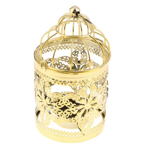 금속 Tealight 캔들 홀더 매달려 등불 크리 에이 티브 새장 웨딩 홈 테이블 장식-3.15x5.51inch, 전자 골드, 철