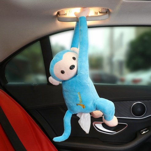창의 가죽 원숭이 휴지 케이스 자동차 용품 트렁크 차 의자 등받이 원숭이 휴지 케이스 만화 귀엽다, 파란색 7151, 규격 없음