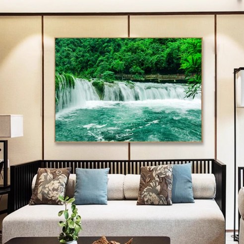 엄청난 재물복이 끝없이 들어오는 맑은 숲속 폭포 풍경화 비즈 보석십자수 풍수 거실 소품, 80x60cm