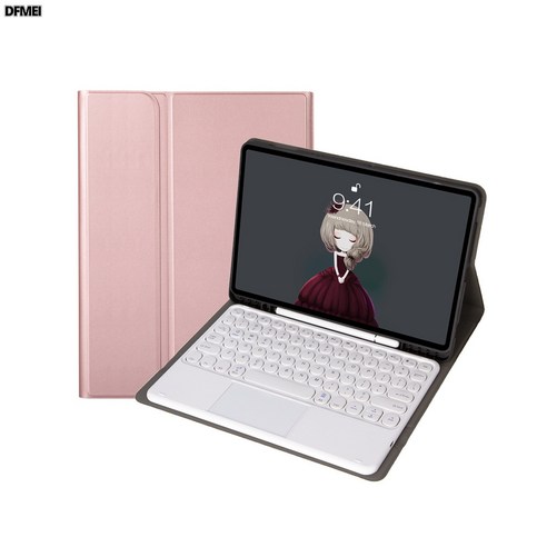DFMEI 아이패드 10세대 블루투스 키보드 Pro110.9 라운드 키캡 터치 9.7 가죽커버 펜슬 홈 마그네틱 백라이트 케이스 적용, 핑크골드(터치타입), 2022 아이패드 10세대 10.9인치