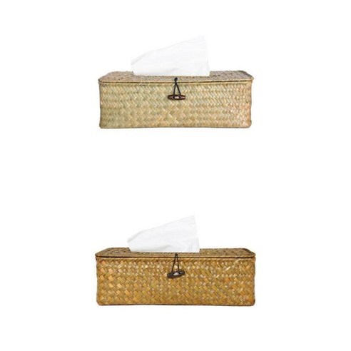 2Pcs 천연 짚 직물 티슈 케이스 커버 박스 일본식, 연한 갈색, {"사이즈":"27x12x8CM"}, {"수건소재":"빨대"}