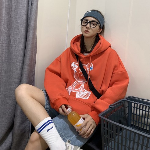블루 스웨터 남자 봄 가을 홍콩 스타일 대형 커플 착용 코트 곰 후드 느슨한 탑 패션 브랜드