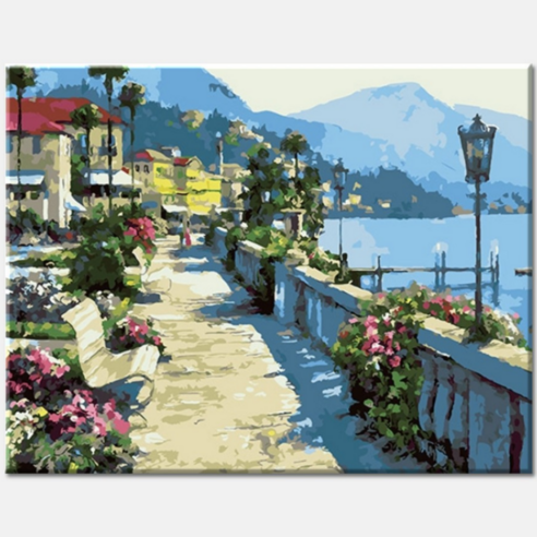 모모픽스페인팅 명화그리기 40x50cm 벨라지오 산책로 호숫가 물감2세트