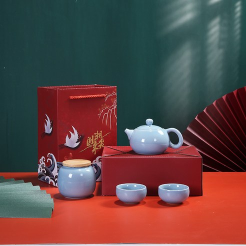 Guochao 고급 세라믹 쿵푸 차 선물 상자 비즈니스 작은 선물 회사 오프닝 선물 개발, 하늘색 원팟 2컵 + 나무뚜껑 티캐디 (빨간색 선물상
