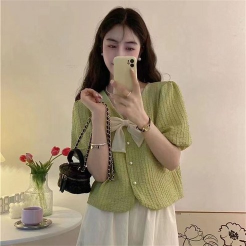 besteffie 여성용 여름 자켓 브이넥 트위드 자켓 버튼 리본 패턴 크롭 자켓 빅사이즈 V넥 여성 반팔 자켓 C88