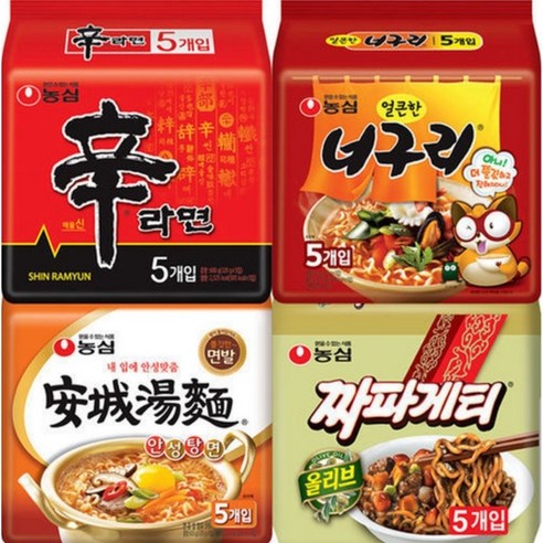 농심 신라면 120g x 5p + 안성탕면 125g x 5p + 얼큰 너구리 120g x 5p + 짜파게티 140g x 5p, 1세트