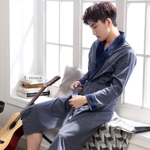 DFMEI-Y 브랜드 잠옷 여성 봄과 가을 커플 목욕 가운 순수 코튼 잠옷 남성 여름 긴 소매 확장 목욕 가운 대형 사이즈 긴팔 가운, {"패션의류/잡화 사이즈":"XXXL 크기"}, DFMEI 남성 98385