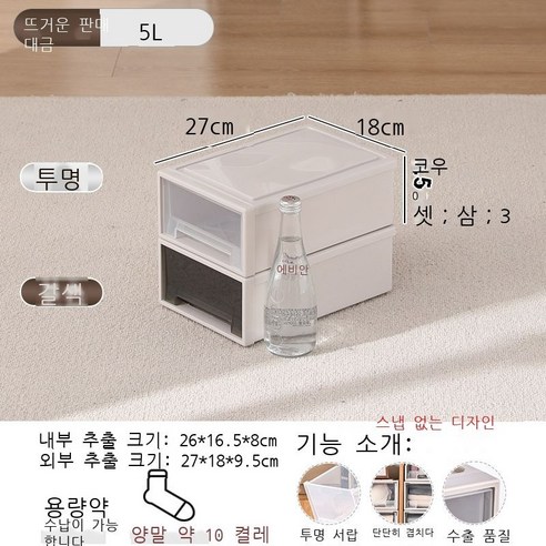 옷 수납함 플라스틱 서랍식 수납함 투명 데스크톱 거실 옷장 보관함 수납장 정리함, 투명한 모양, 5#[깊이 27*폭 18*높이 9.5cm]