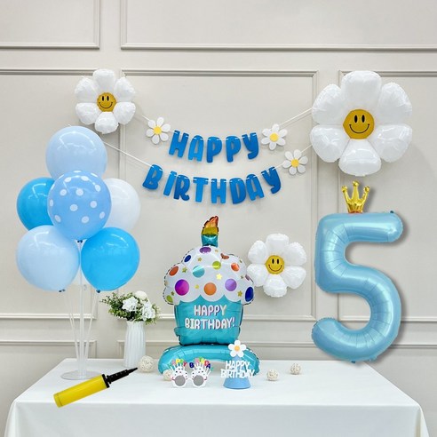 연지마켓 생일 파티 케이크 데이지 왕관 숫자 풍선 가랜드 세트, 1세트, 케이크 블루A 5