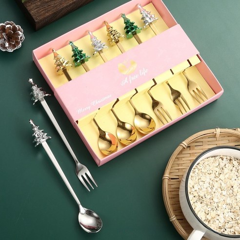 BLOWFISHFUGU 트리 디저트 스푼 & 포크 세트: 당신의 크리스마스 식탁에 마법을 더하세요.