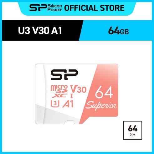 실리콘파워 Silicon Power 마이크로 SD카드 Superior SDXC UHS-I 고프로 블랙박스 Class 10 V30 A1, 64GB