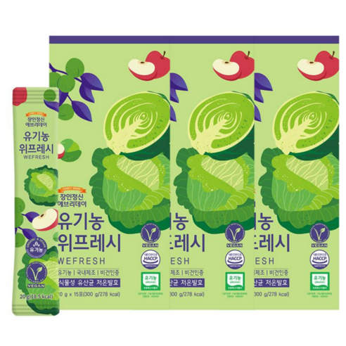 장인정신 에브리데이 유기농 양배추즙 위프레시 15p, 3개, 300g