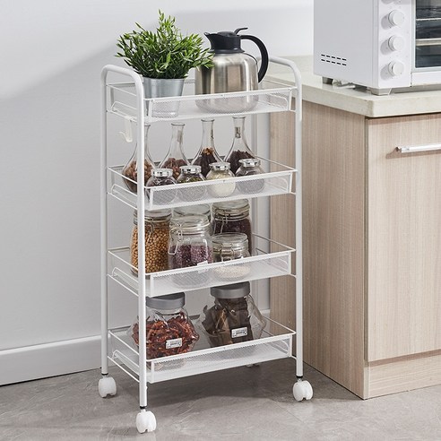 아이코지 이동식 공간틈새 수납 메쉬 철제 트롤리, 화이트