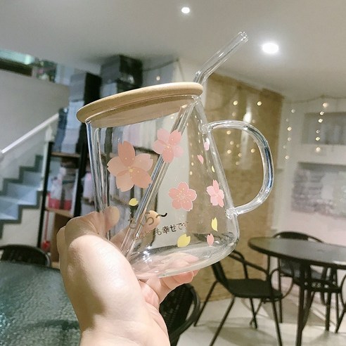 DFMEI 일본식 사쿠라 내고온 대용량 유리띠뚜껑 빨대 여학생 가정용 아침 우유컵 손잡이, DFMEI 벚꽃 B 모델 ''대나무 덮개+빨대 장착''