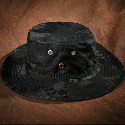 어부 낚시 둥근 모자 남자 처마 차양 미채 모자 야외 군미 전술 미채 분니 모자, 검 은 구렁이 무늬