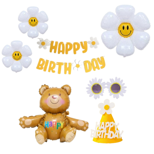 연지마켓 생일파티 용품 세트 데이지 풍선 생일 가랜드 안경 고깔, 1세트, 15)옐로우 해피 곰돌이