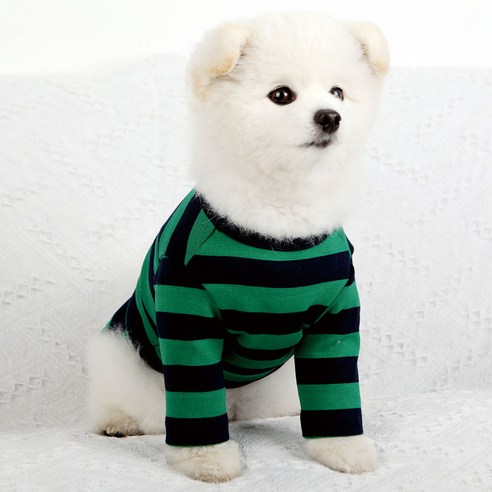 럭키페터 베이직 스프라이프 강아지 옷 소형견 대형견 티셔츠, 그린/네이비