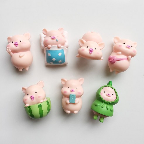 창조적 인 만화 스테레오 귀여운 돼지 냉장고 자석 동물 홈 장식 자석, 라이트 핑크 1 세트 7, 작은