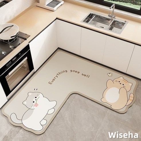 Wiseha 빨아쓰는 규조토 주방 매트 미끄럼방지 부엌 싱크대 ㄱ자 발매트, 베이지 고양이, 1개