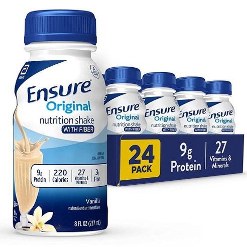 Ensure Original 밀크 초콜릿 영양 쉐이크 섬유 포함 | 식사 대용 24팩, 흔들어, 바닐라 섬유, 24개, 2) 바닐라 섬유 - 흔들어