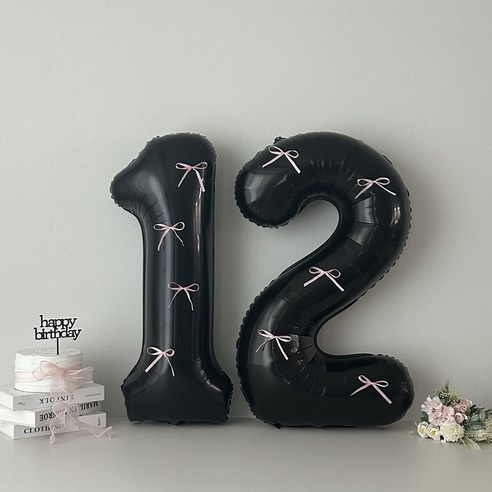 연지마켓 블랙 대형 숫자 풍선 리본 기념일 생일, 1개, 핑크리본 + 블랙숫자 12