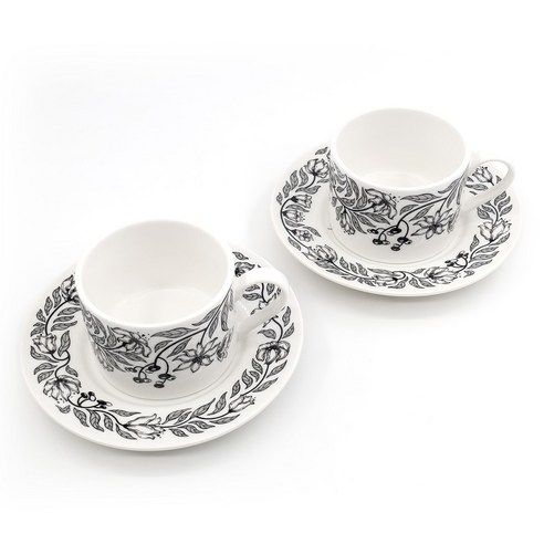 NyHavn 션사인 가든 세라믹 커피잔 2개 + 받침대, 블랙 화이트, 1개