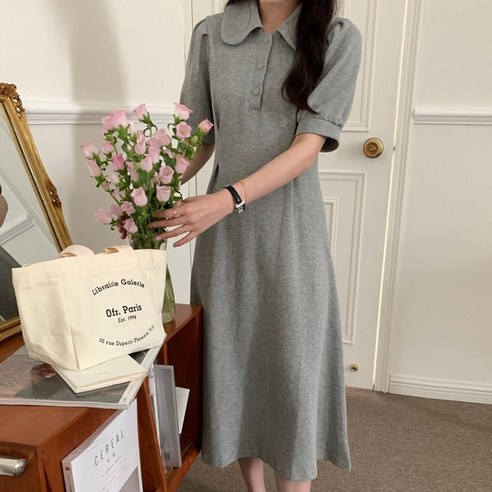 카라 심플 퍼프 롱 원피스 여름 여성 반팔 캐주얼