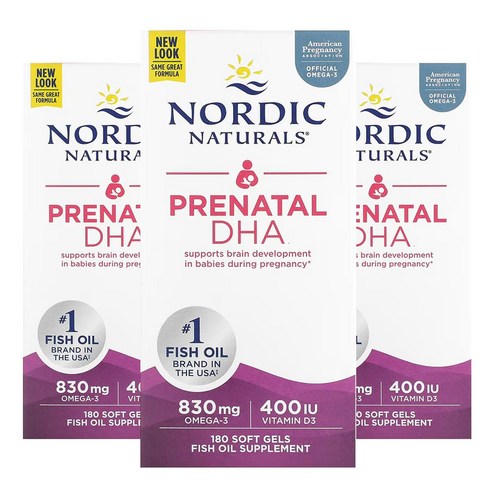 노르딕내츄럴스 프리네이탈 DHA 830mg 오메가-3 + 400IU D3 500mg 소프트젤, 180정, 3개