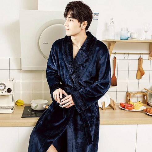 DFMEI-Y 잠옷 여성의 가을과 겨울 긴 산호 양털 플러스 벨벳 두꺼운 커플 목욕 가운 플란넬 남자 잠옷 겨울 홈 착용, {"패션의류/잡화 사이즈":"M 적합 [160cm -120kg]"}, DFMEI 다크 블루 [] 스티치 플란넬