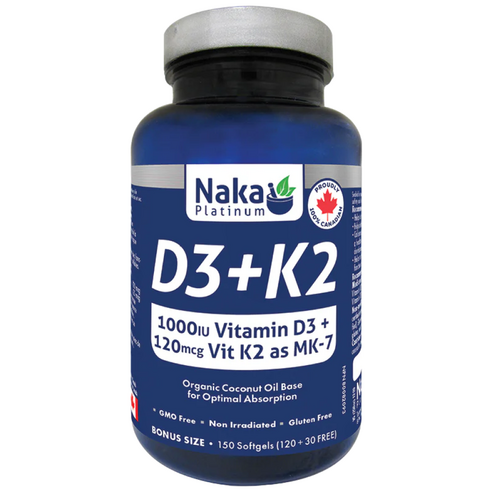 비타민 D3+K2 (MK-7 메나퀴논) 1000IU/125mcg 150캡슐 뼈치아 건강 골다공증 예방 영양제 유기농 코코넛 오일 함유 나카 플래티넘 캐나다...