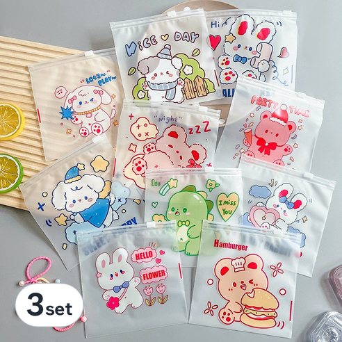 리리아트 토끼 귀요미 동물 캐릭터 반투명 지퍼백 포장 여행, 3set, A