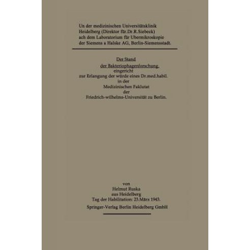 Der Stand Der Bakteriophagenforschung, Springer