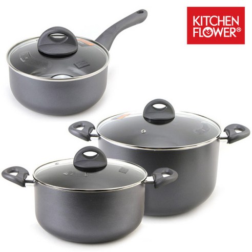 키친플라워 쿠킨 인덕션 칼라냄비 3종 세트, 편수 18cm + 양수 20cm + 양수 22cm