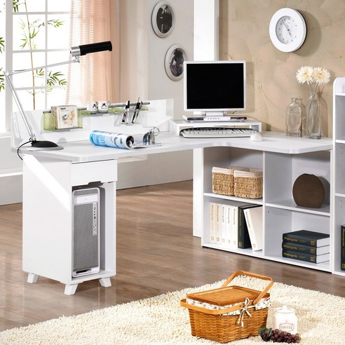 컴퓨터책상 코너 모서리 ㄱ자 L자 와이드 1단 본체통, 화이트