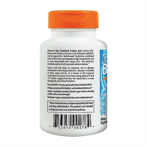 닥터스베스트 스태빌라이즈드 R-리포익 애시드 200mg 베지 캡은 대두 없이 제조된 글루텐 프리하며 Non-GMO 식이 보조제입니다.