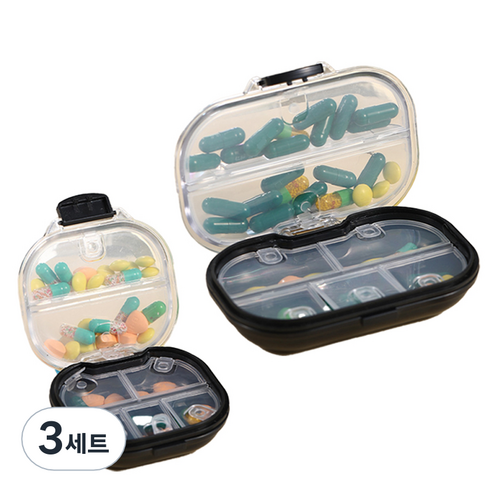 레디박스 미니멀휴대용 투명커버 일주일 알약케이스 소+대형, 블랙, 3세트
