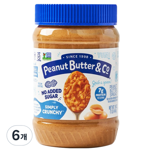 피넛버터앤코 무가당 설탕 무첨가 심플리 크런치, 6개, 454g