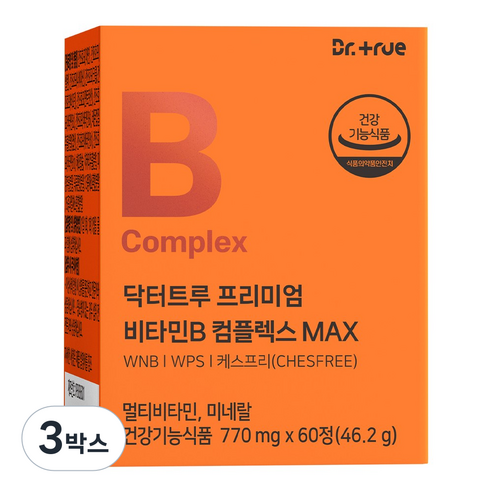 닥터트루 프리미엄 비타민B 컴플렉스 B1 B2 B6 B12 영양제 수용성 비타민비, 3박스, 60정