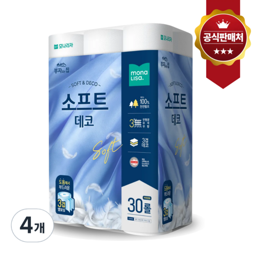 모나리자 부자되는집 프리미엄 천연펄프 고급화장지 3겹 소프트데코, 4개, 30롤, 30m