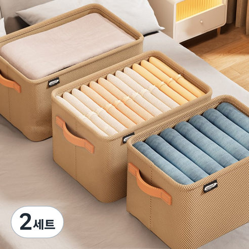하스몰 공간정리 패브릭 접이식 옷 정리 리빙박스 3개, 2세트, 카키베이지