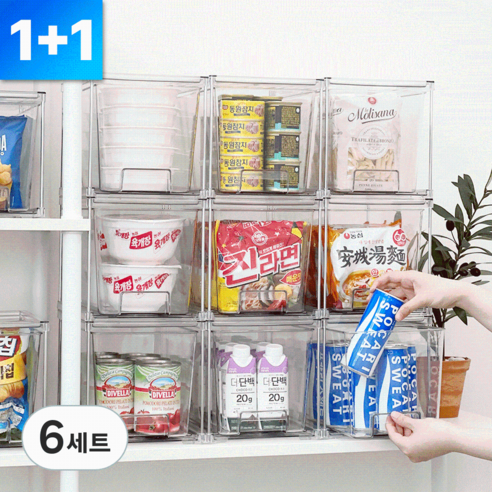 [KC인증] 데미무드 투명 커넥트 적층식 팬트리 정리함, 투명색, 6세트