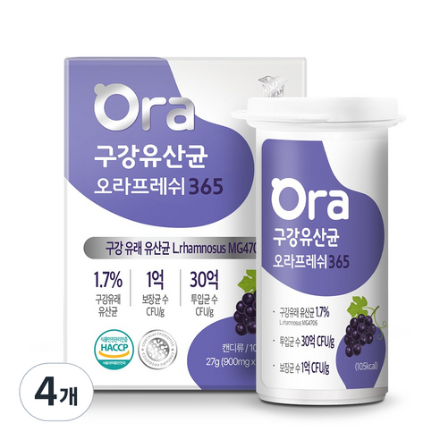 랩온랩 구강유산균 오라프레쉬 365 츄어블 포도맛, 4개, 30정