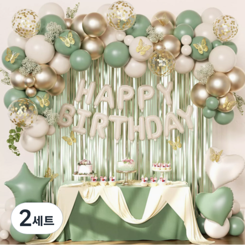 모아룸 풍선 파티 생일 이벤트 장식 풍선구름 세트, 2세트, 그린골드 풍선 세트