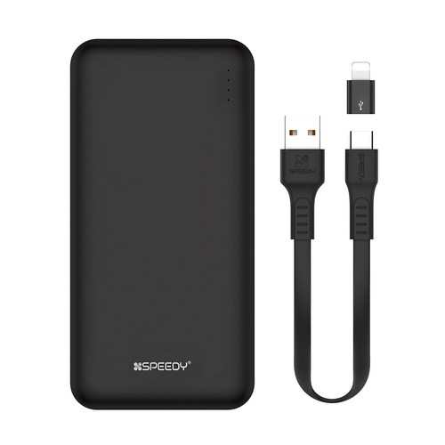 스피디 슬림 듀얼 보조배터리 10000mAh + C타입 케이블 + 8핀 젠더 세트, BND-2PCPPB100A, 블랙