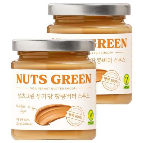 넛츠그린 100% 무가당 땅콩버터 스무스, 200g, 2개
