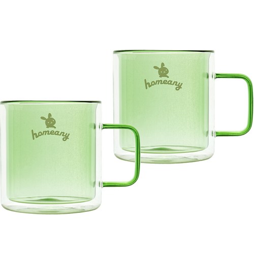 홈애니 컬러 이중 내열 유리 머그컵 380ml, 그린, 2개