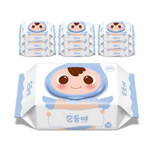 순둥이 오리지널 플러스 엘블루 아기물티슈 캡형 75평량, 75g, 70개입, 10세트